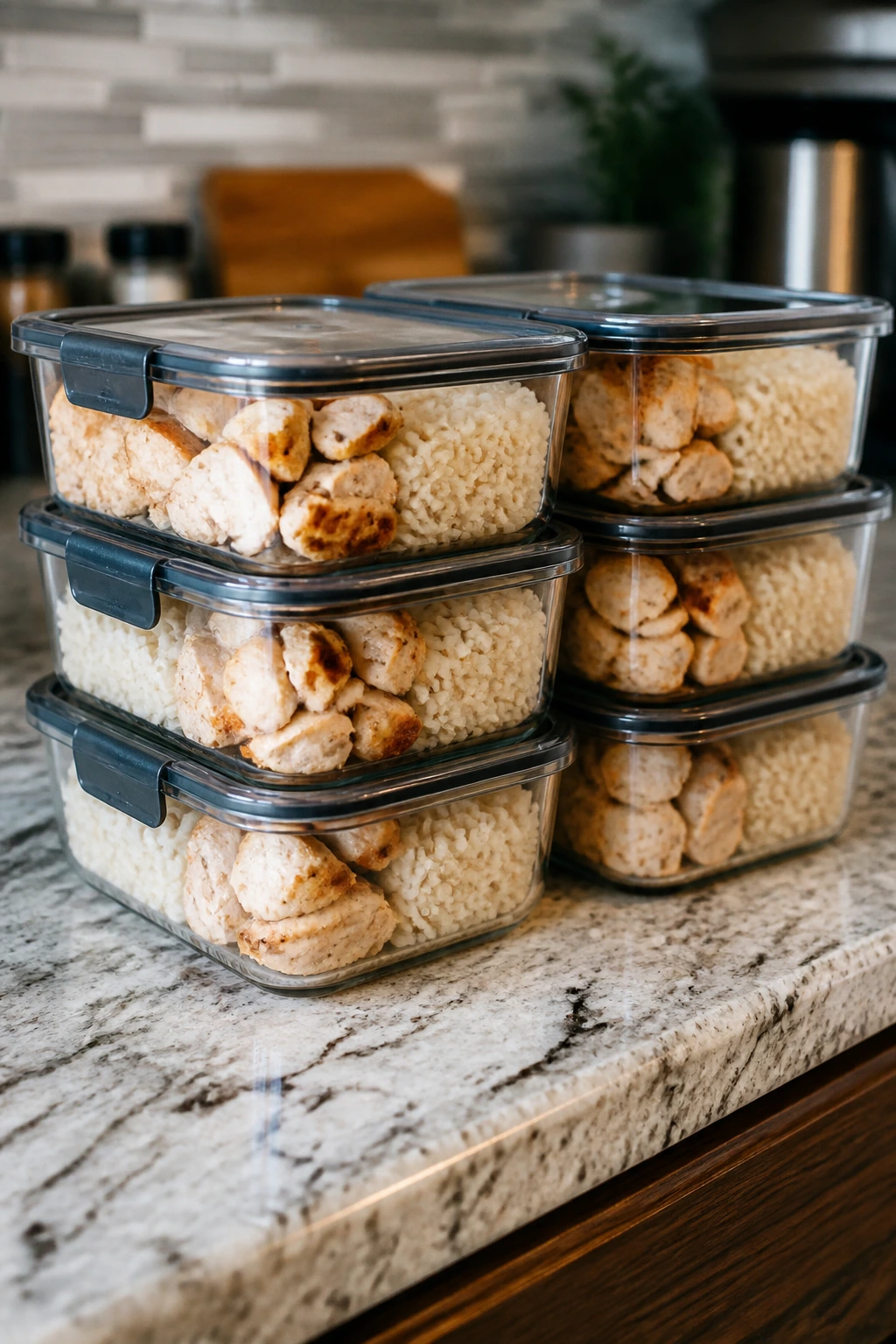 Clear meal-prep containers with rice and chicken on a kitchen counter
