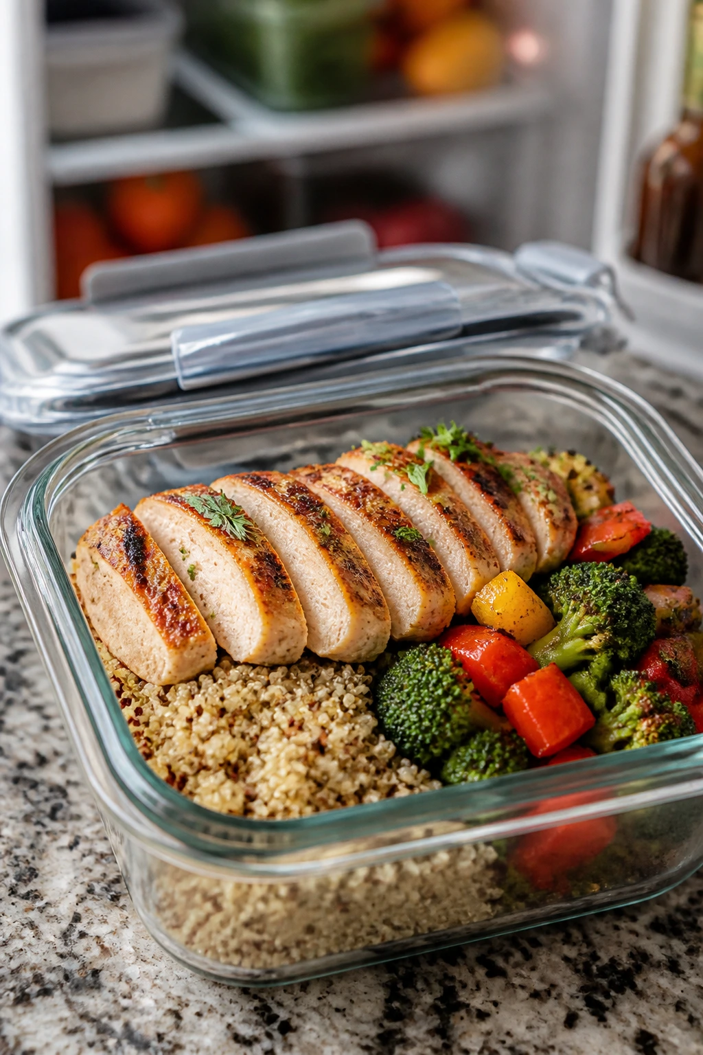 Glass meal-prep container with chicken, quinoa, and vegetables