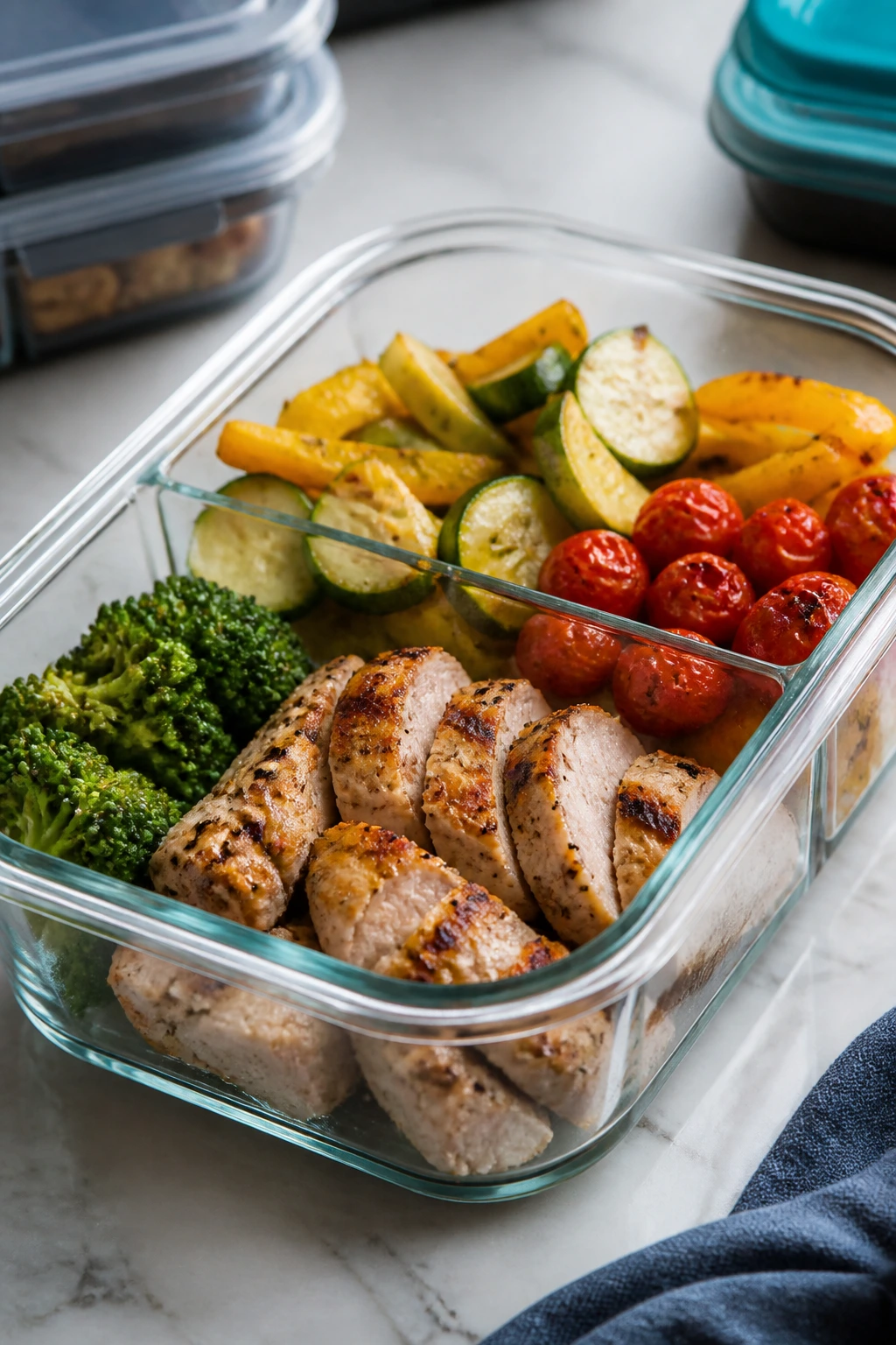 Meal-prep container with chicken and vegetables on counter