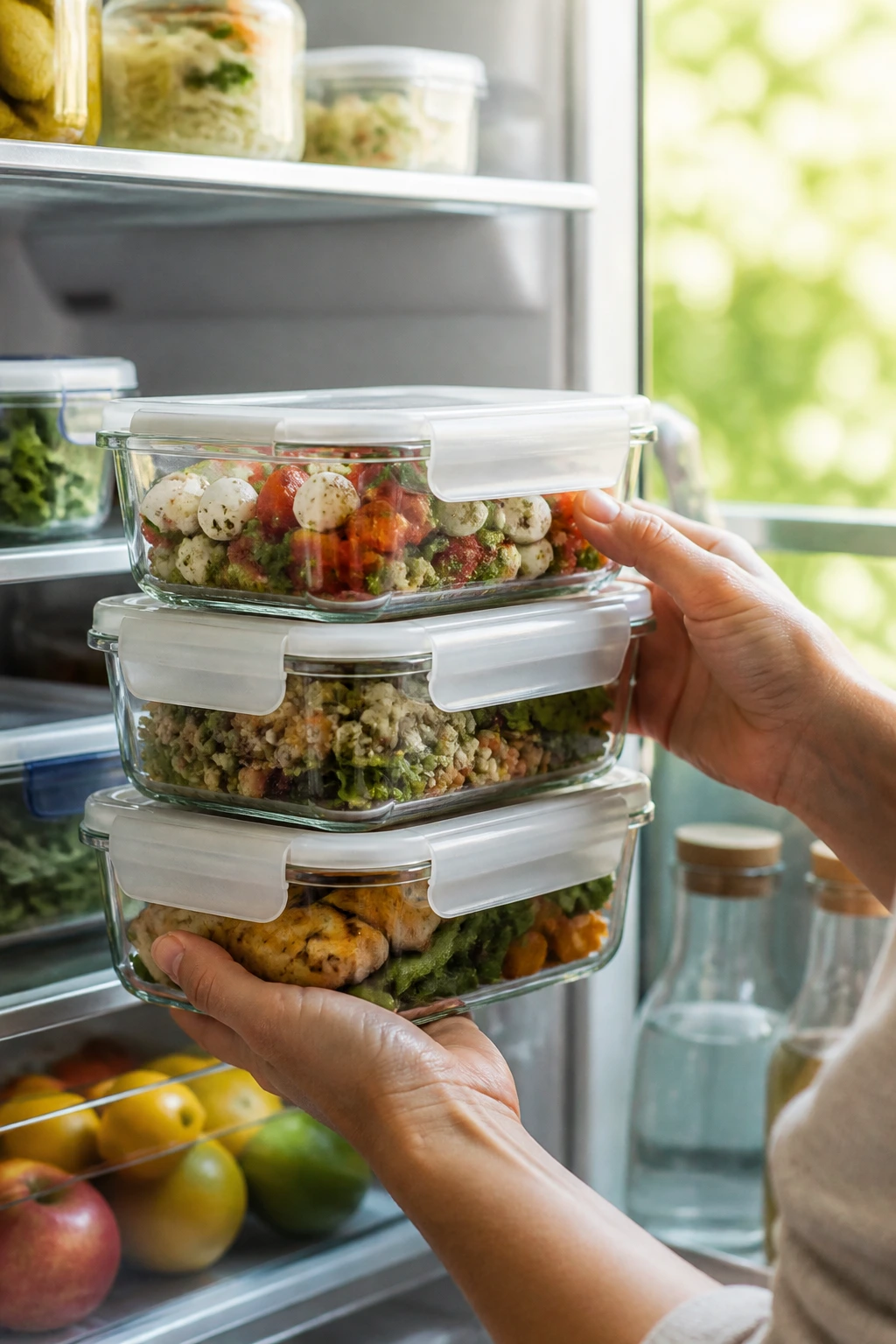 Close-up of hands organizing meal-prep containers in a bright kitchen fridge.