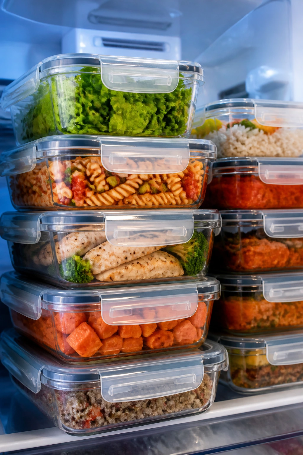 Fridge with clear meal-prep containers ready for make-ahead dinners