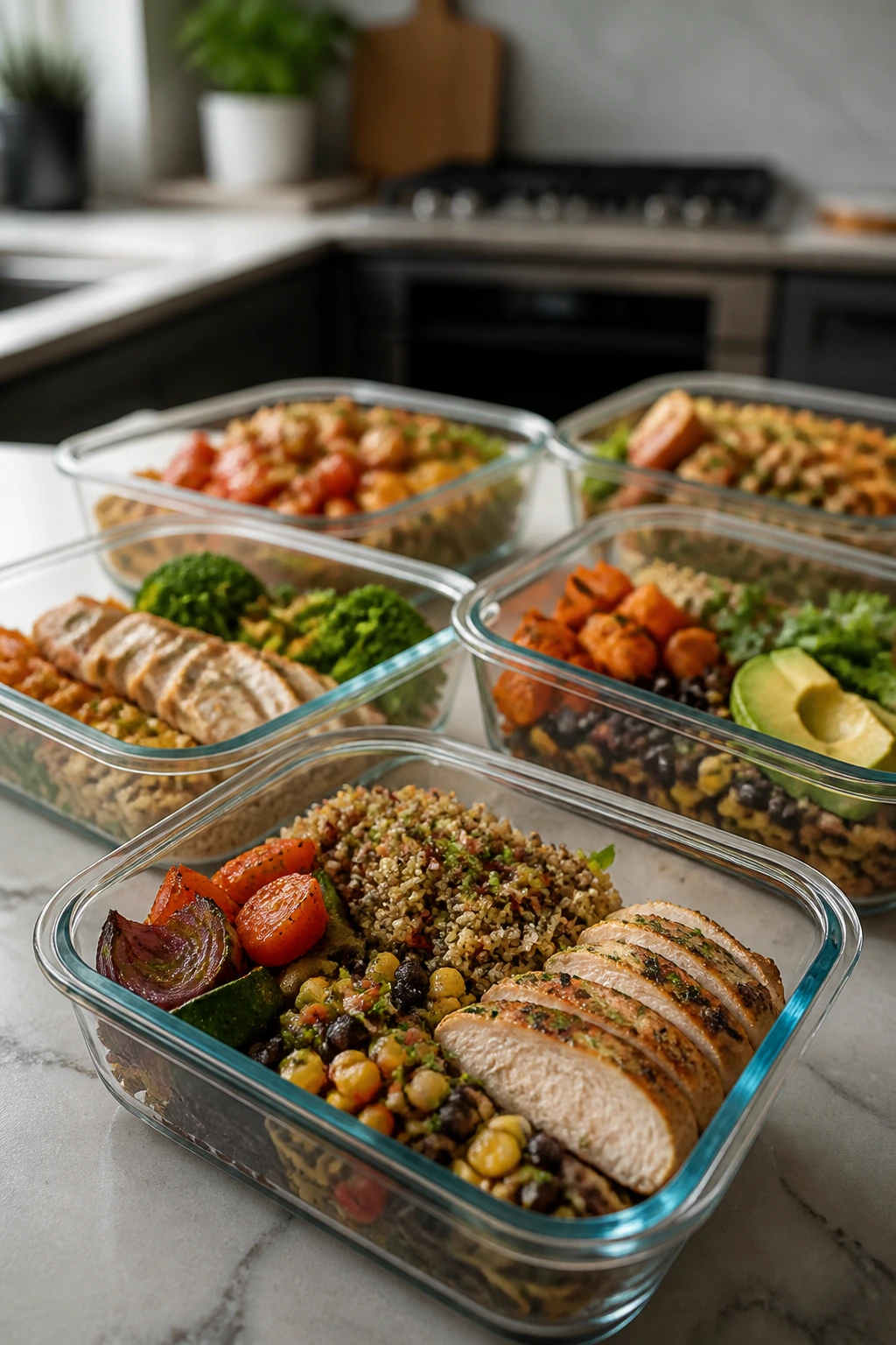 Close-up of organized meal prep containers and ingredients in a sunny kitchen, illustrating why meal prep Sundays work