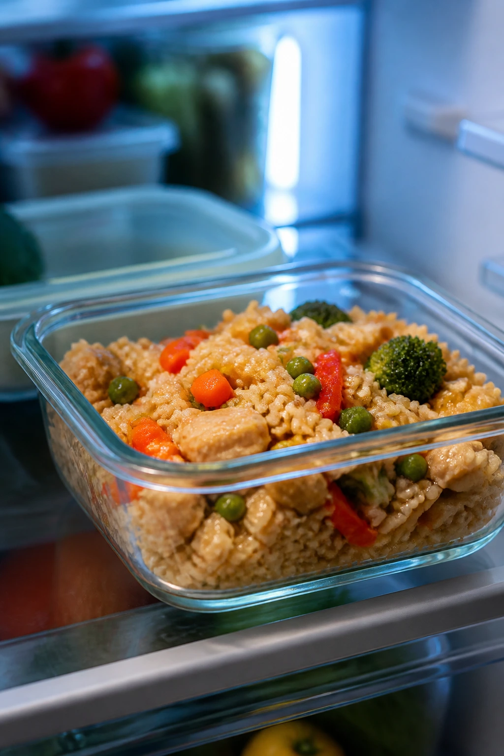 Close-up of a glass meal-prep container with rice and vegetables inside a kitchen fridge