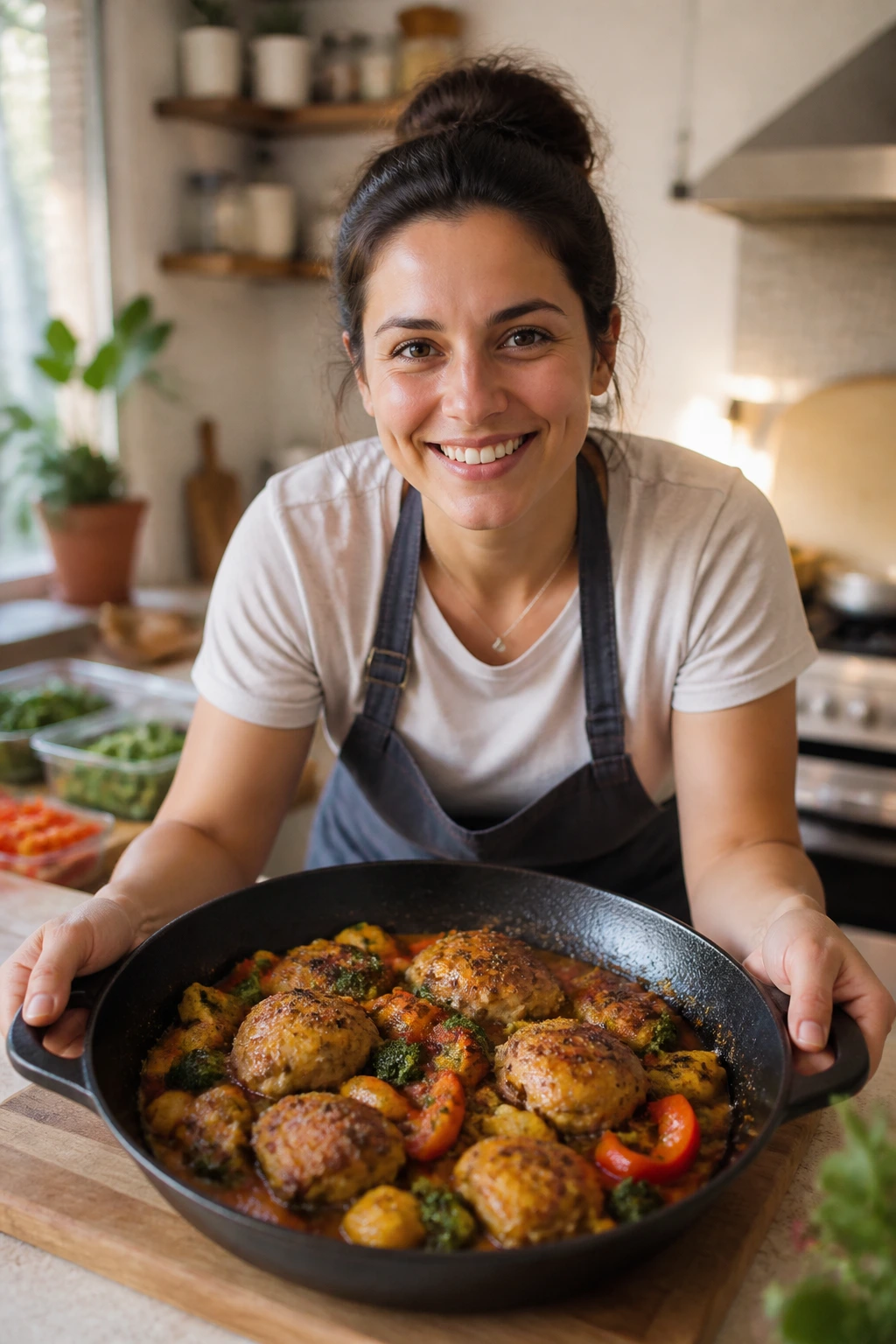 Real person in a cozy kitchen presenting a finished quick dinner skillet