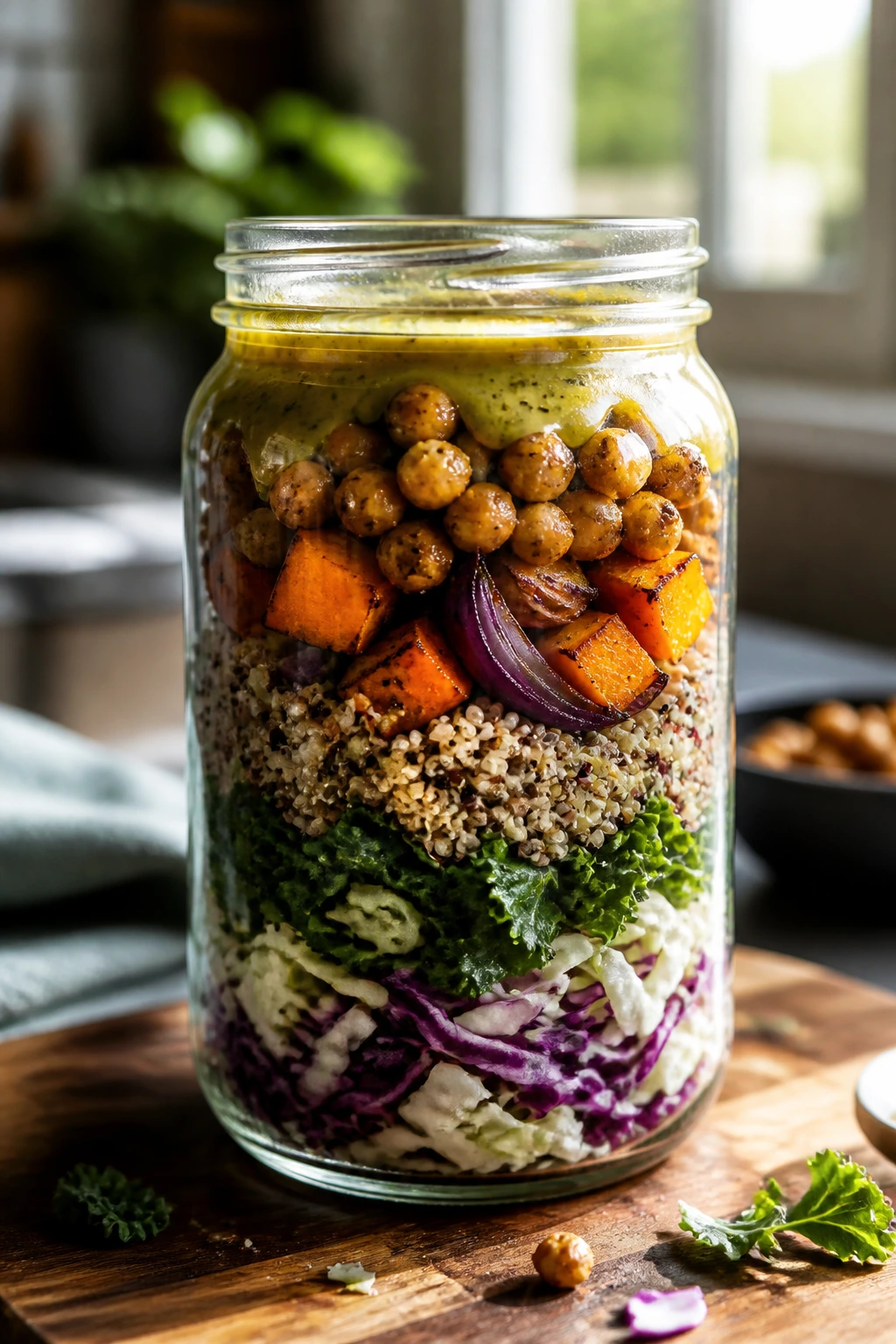 Glass meal-prep jar layered with sturdy salad ingredients like cabbage, kale, quinoa and chickpeas.