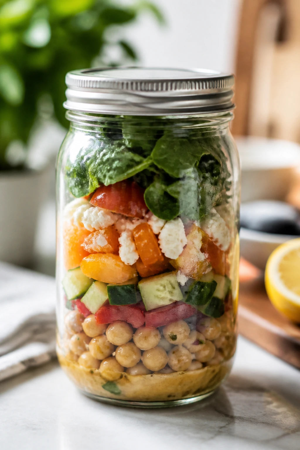 Glass mason jar layered with chickpeas and vegetables for storage