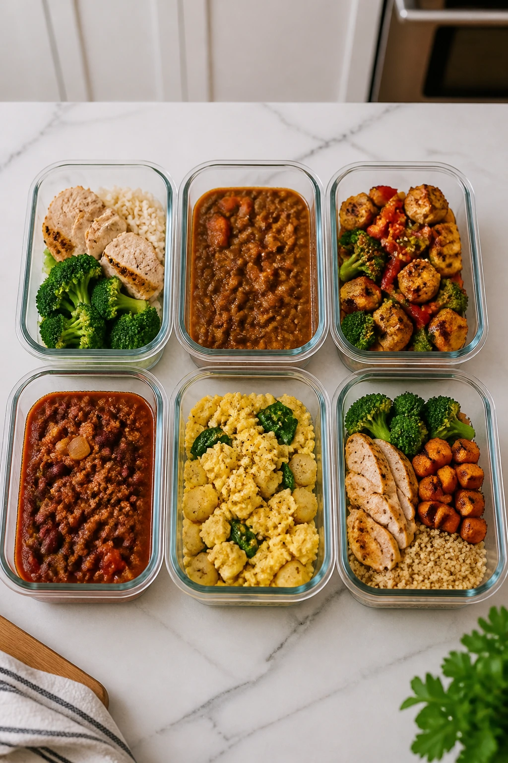 Top-down view of six lean meals in meal-prep containers arranged in a row on a counter.