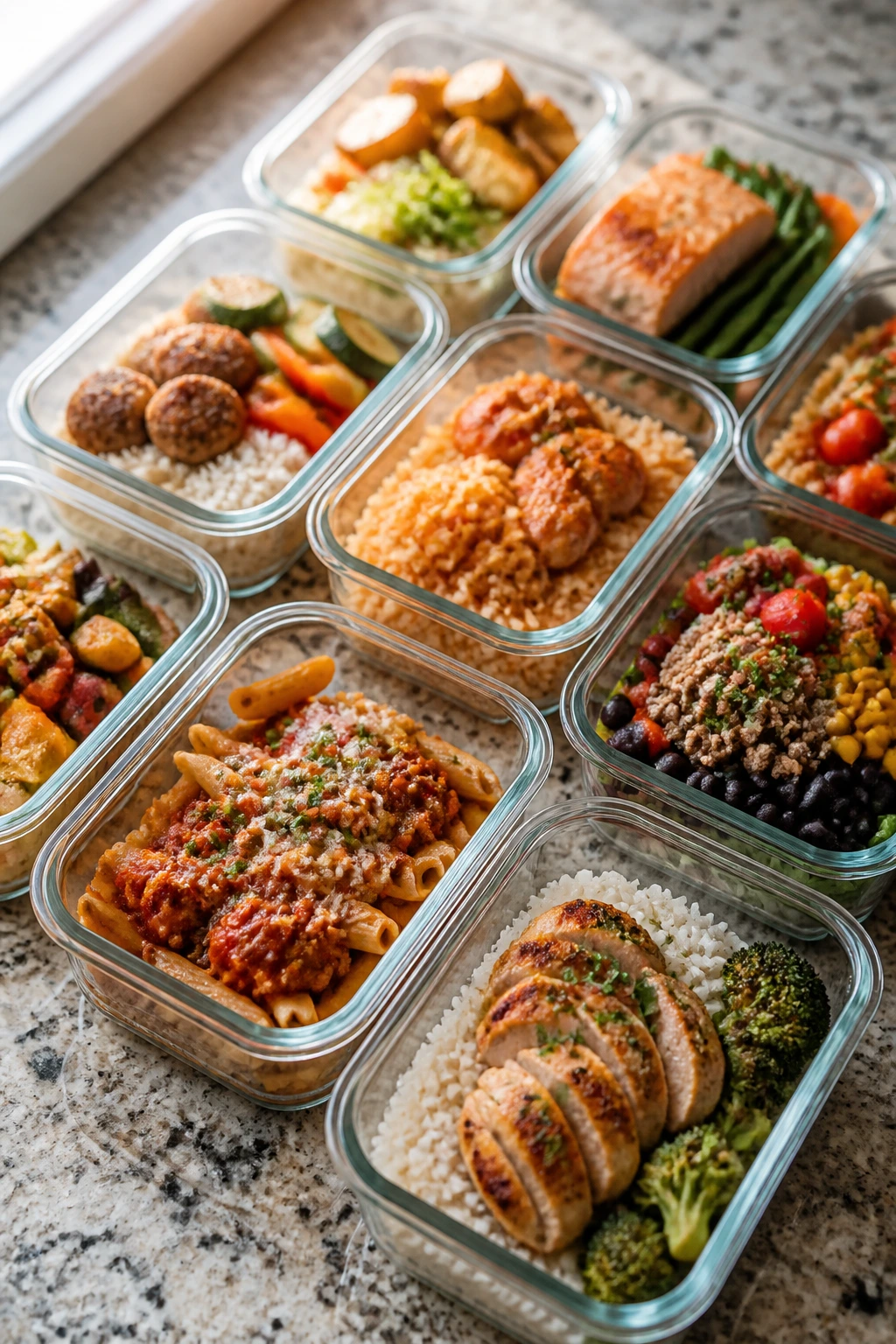Meal-prep containers with leftovers on a kitchen counter in morning light