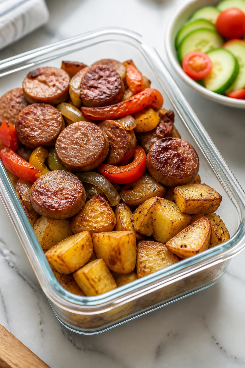 Lunch meal-prep container with potatoes and sausage layered for meal prep