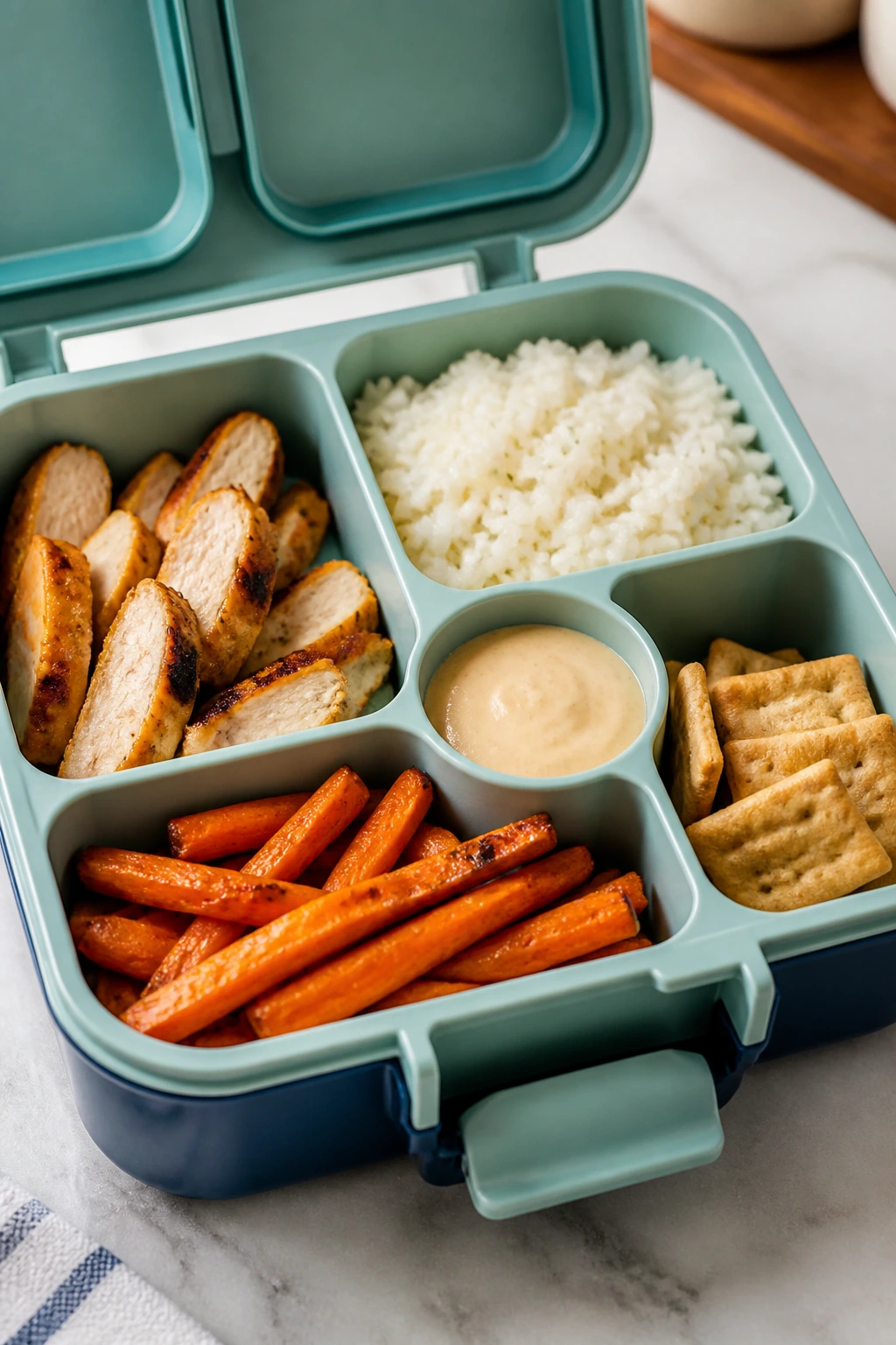 Open lunchbox showing a simple meal kit: chicken strips, rice, roasted carrot, sauce cup, and crackers