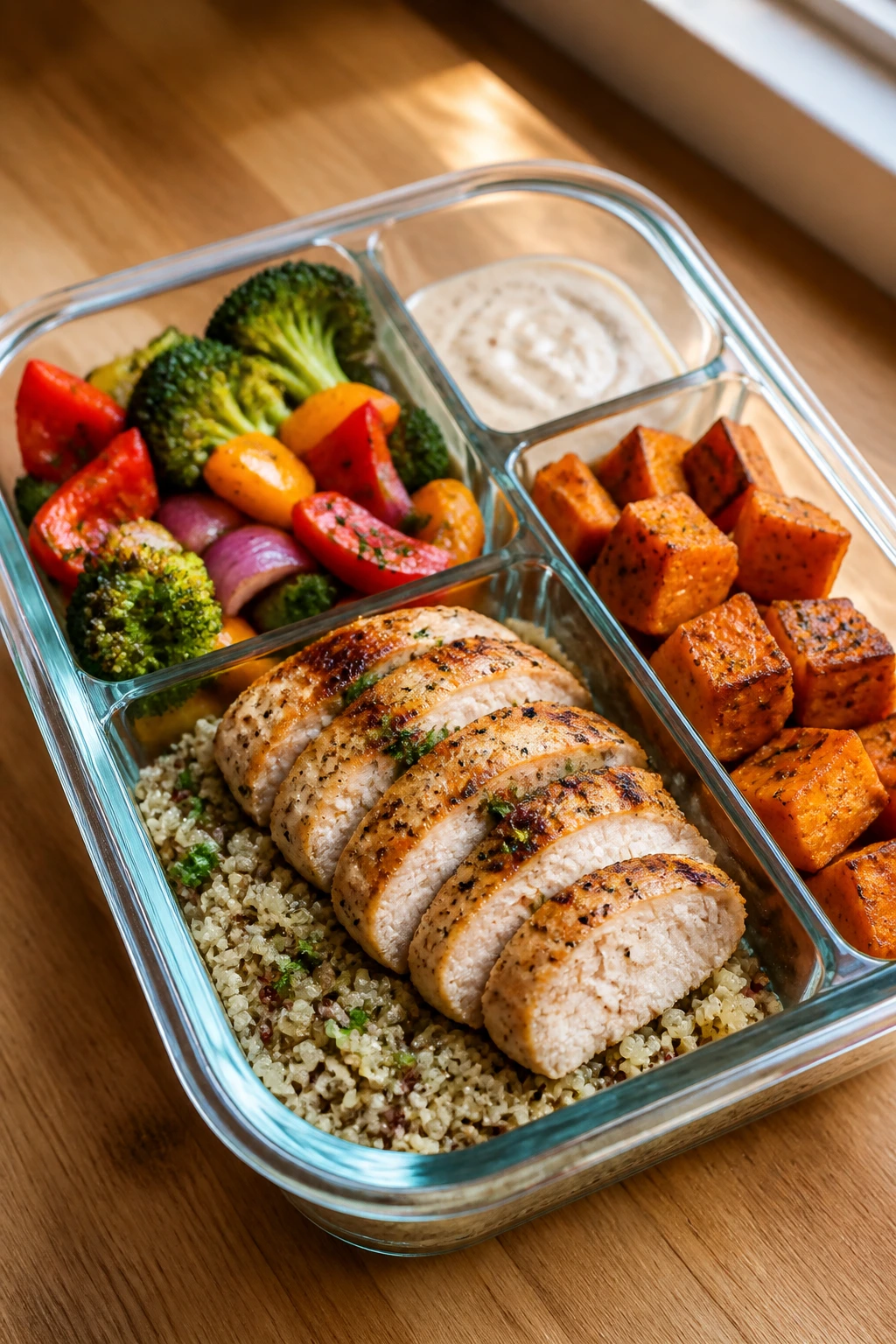 Close-up of a protein-forward lunchbox with vegetables and sauce on a wooden counter