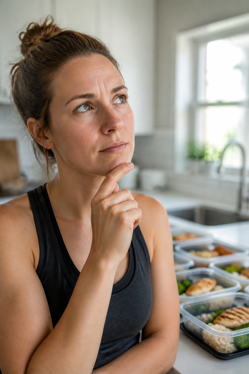 Thoughtful person in a kitchen considering meal-prep containers