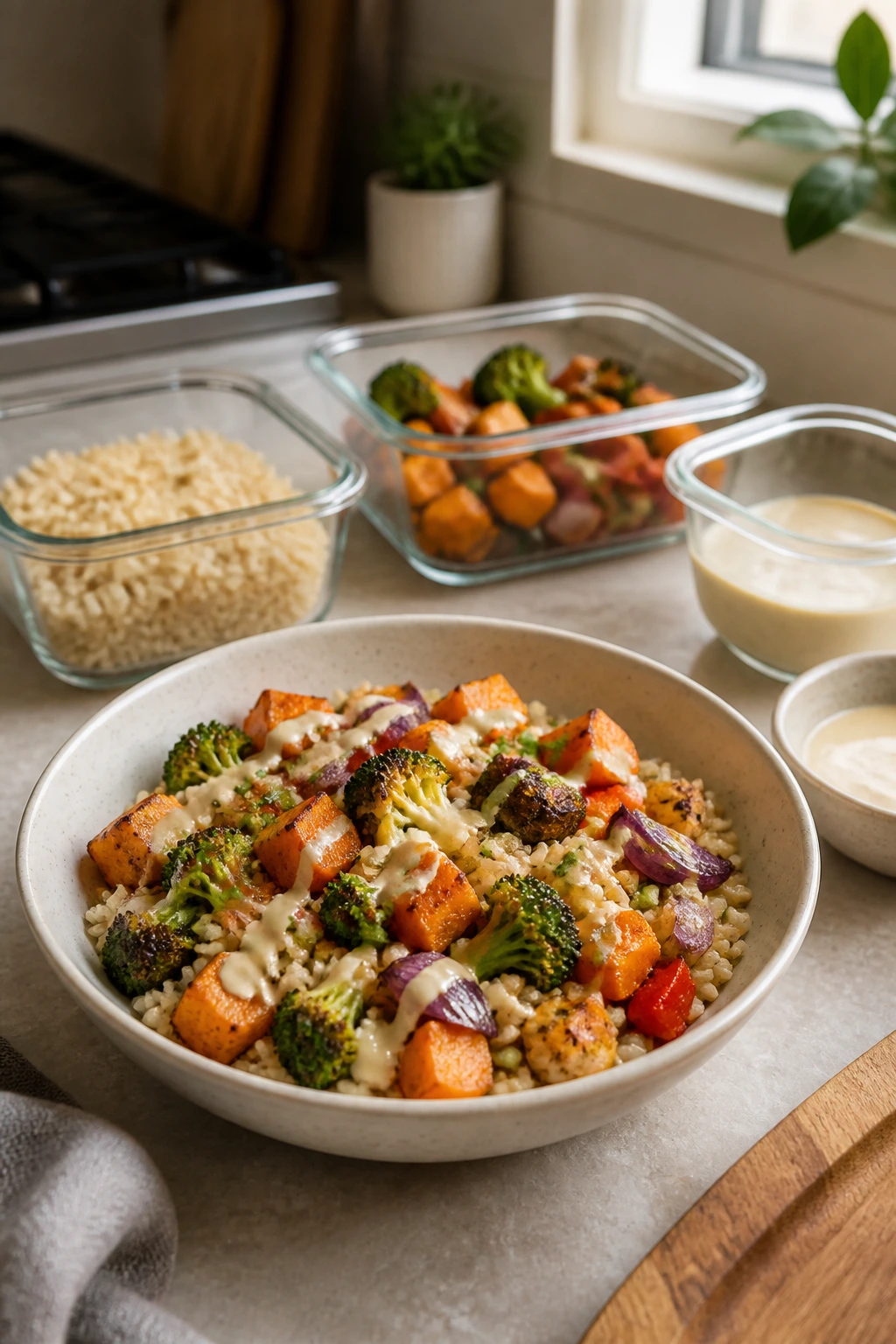 Rice bowl with separate containers for rice, vegetables, and sauce in a kitchen