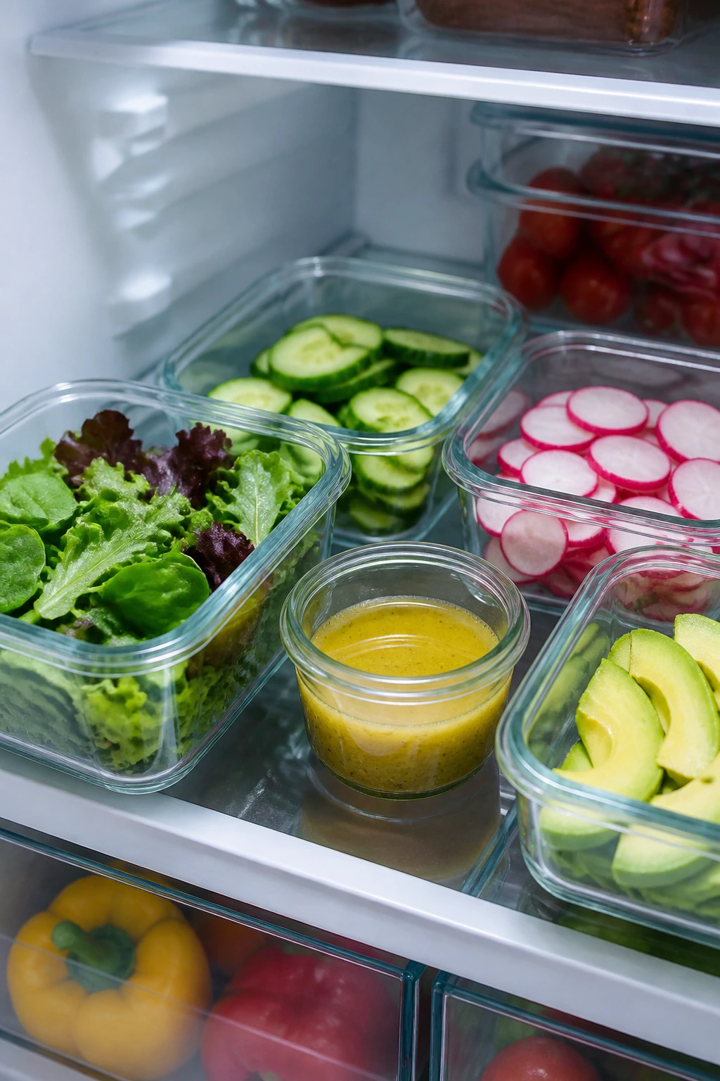 Glass meal-prep containers with greens, cucumber, radish, avocado, and dressing for make-ahead storage