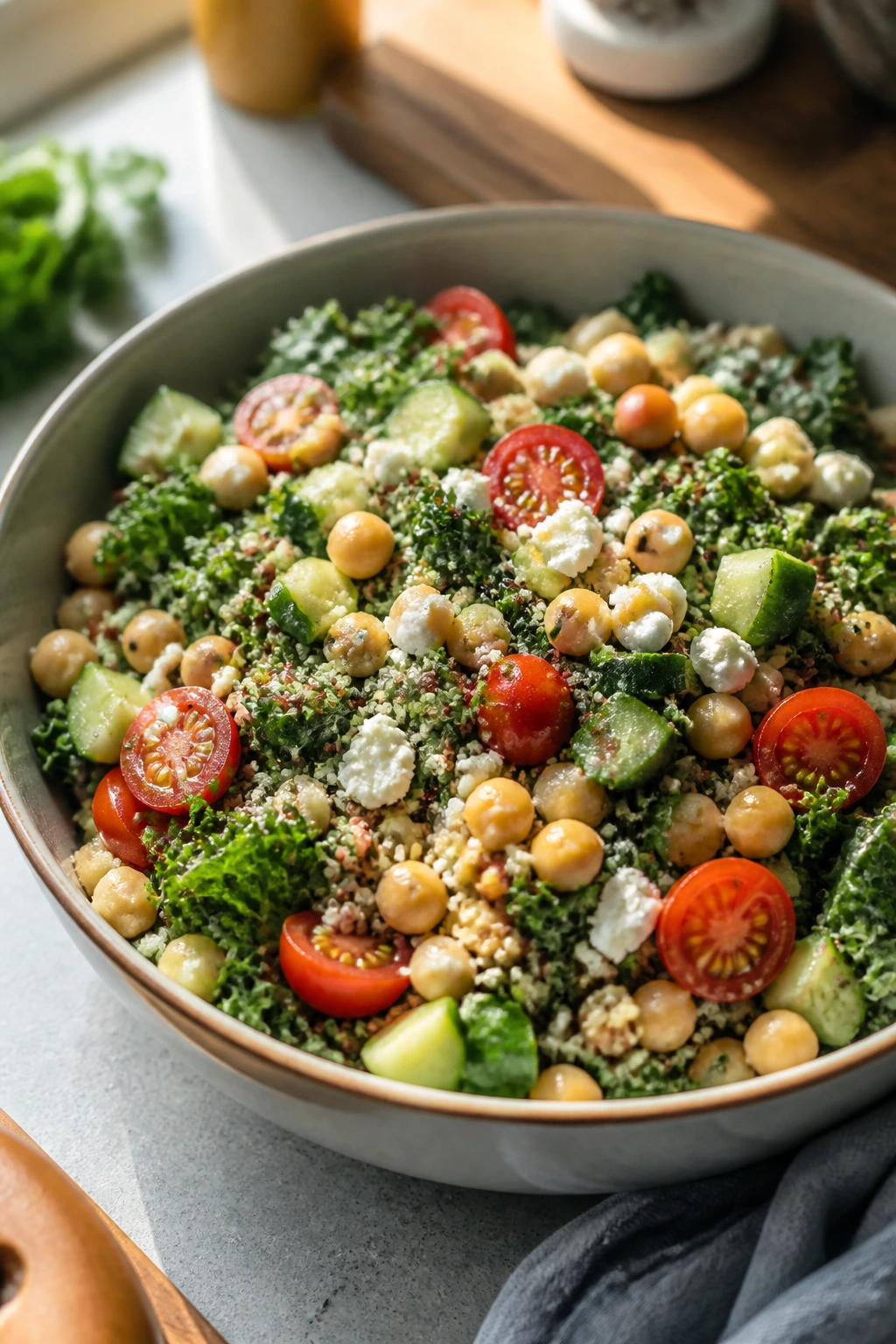 Close-up of a hearty meal prep salad bowl with kale, quinoa, chickpeas and feta on a kitchen counter.