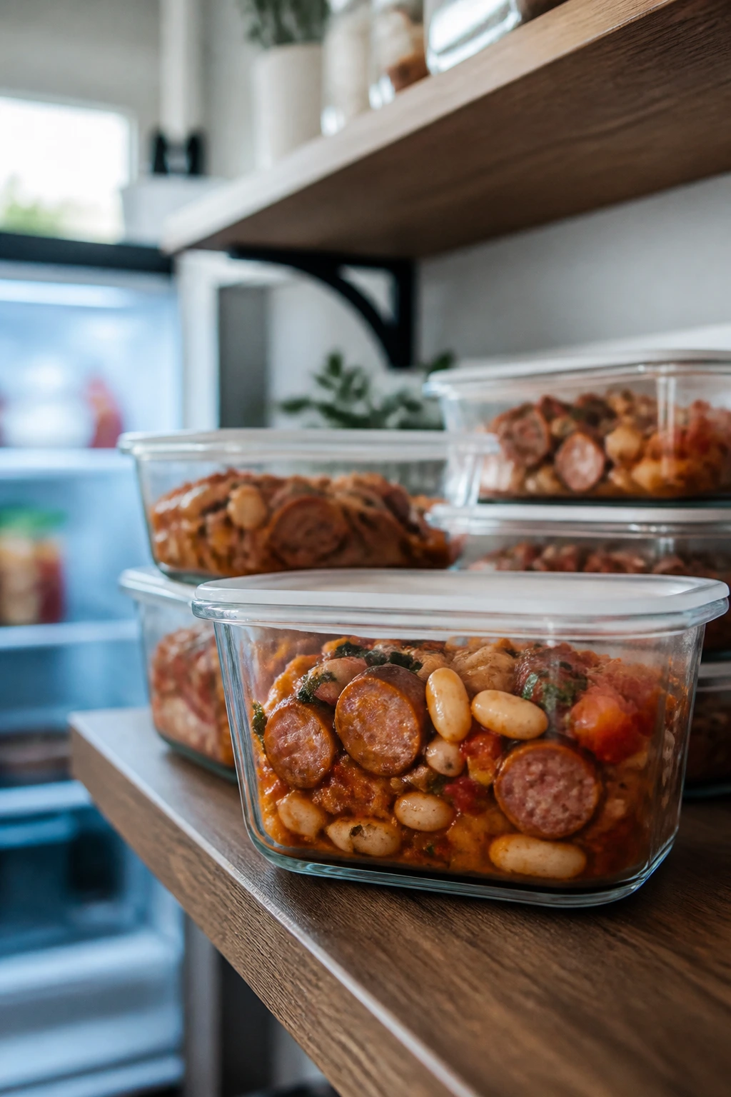 Glass meal-prep containers with sausage-based dish stored in a fridge.