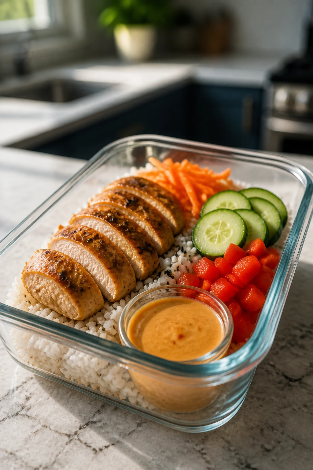 Meal-prep container showcasing plated rice bowl for serving guidance