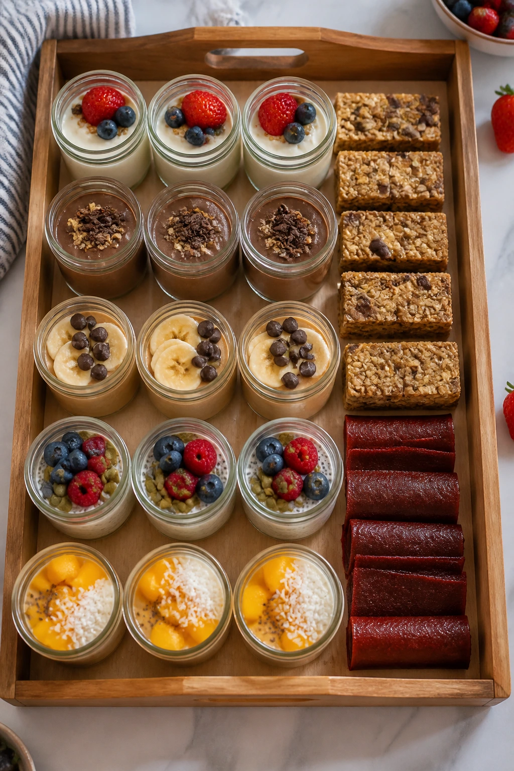 Tray of assorted healthy snacks for meal prep Sunday