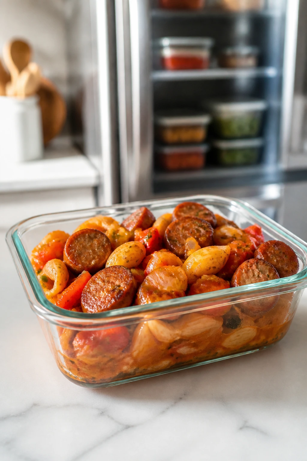 Meal-prep container with a sausage dinner on the kitchen counter.