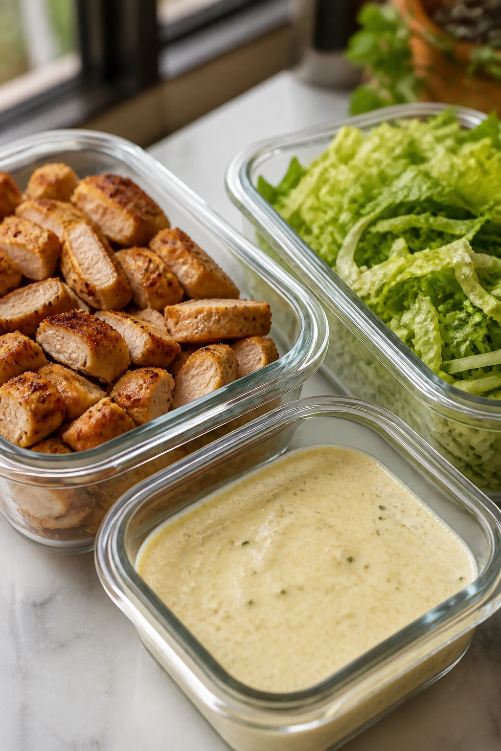 Three glass containers with chicken, dressing, and greens on a kitchen counter