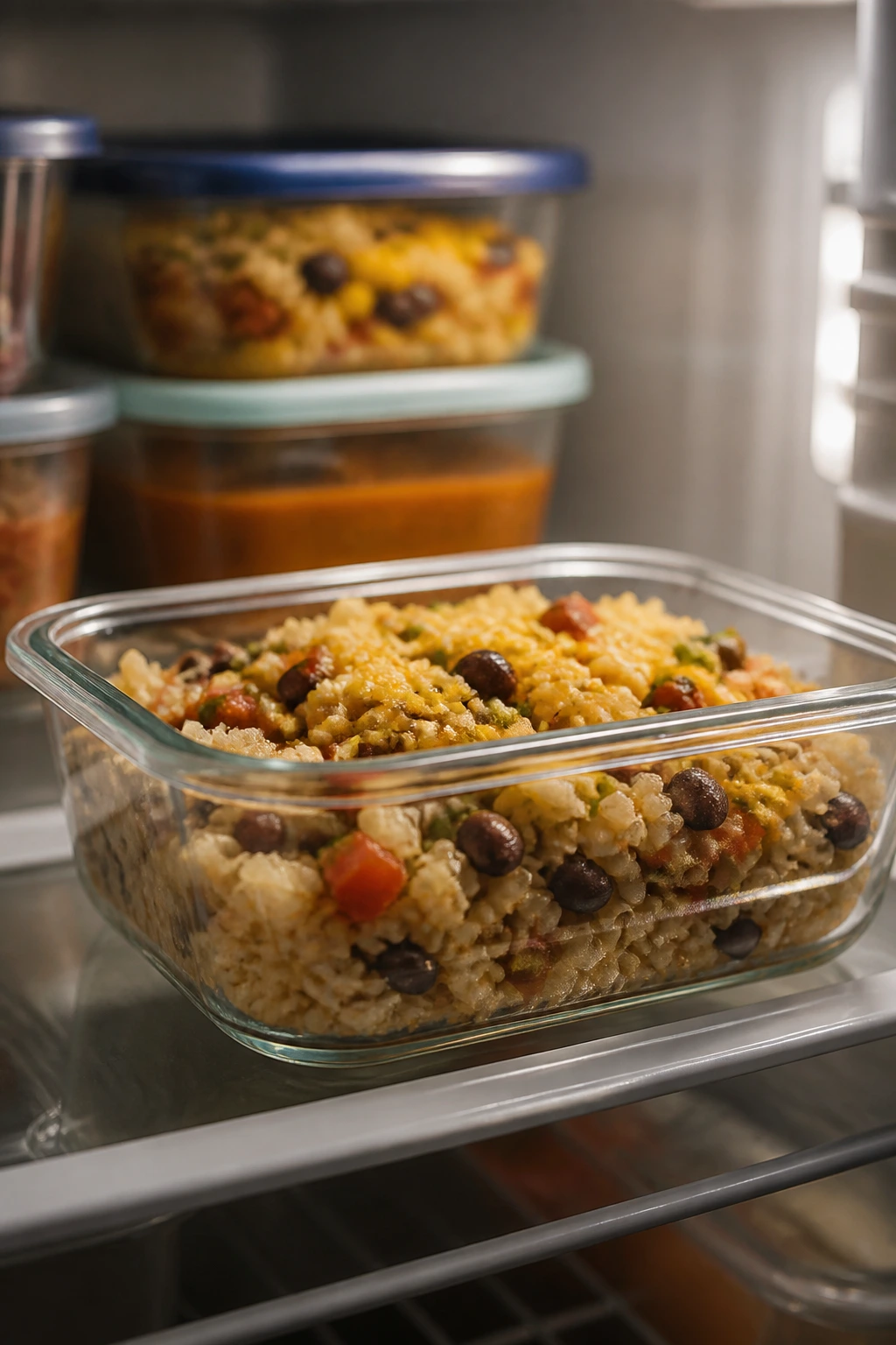 Glass meal prep container with rice and beans on a fridge shelf.