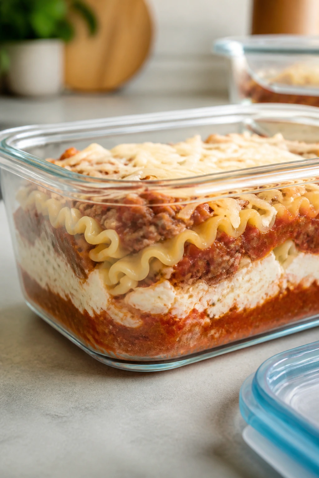 Glass meal prep container with layered pasta for make-ahead meals