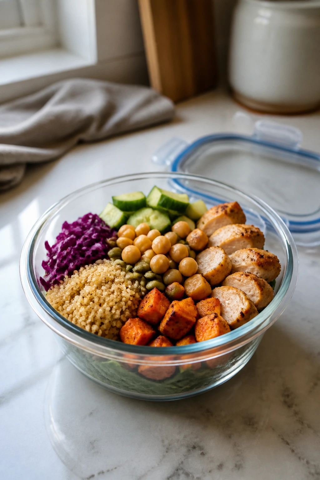 Meal-prep grain bowl ready for refrigeration on a kitchen counter with a nearby container