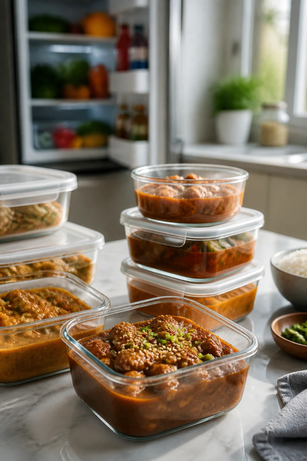 Glass storage containers with curries for make-ahead meals