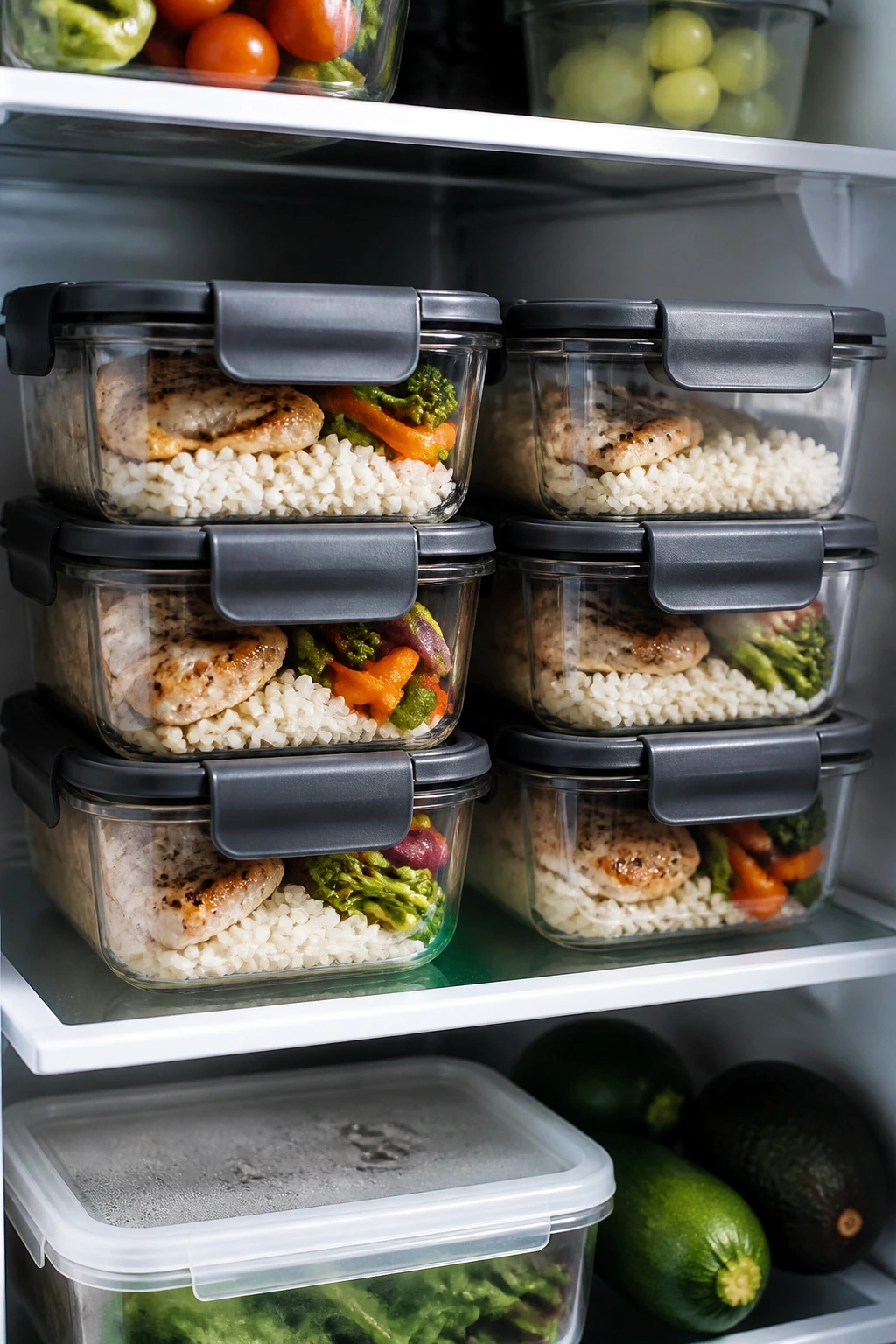 A row of airtight meal prep containers in refrigerator for make-ahead meals.