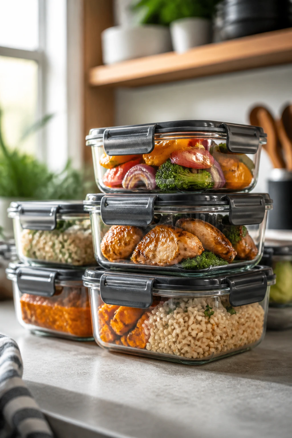 Stacked glass meal prep containers in a kitchen ready for storage
