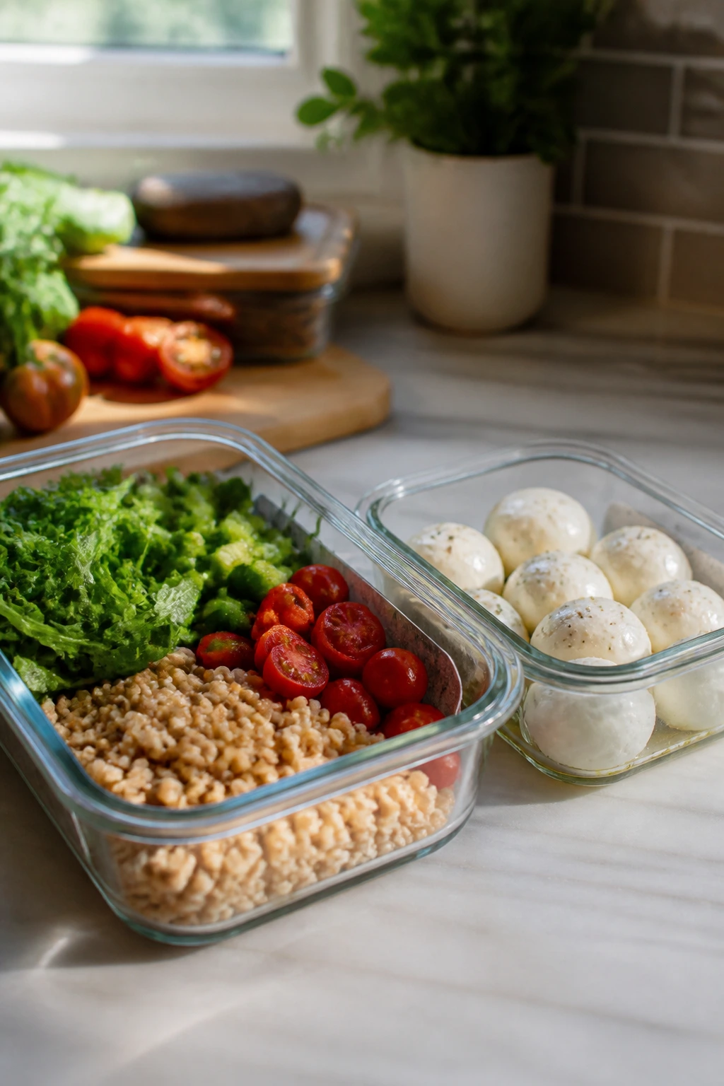 Airtight containers with separated salad components on a kitchen counter