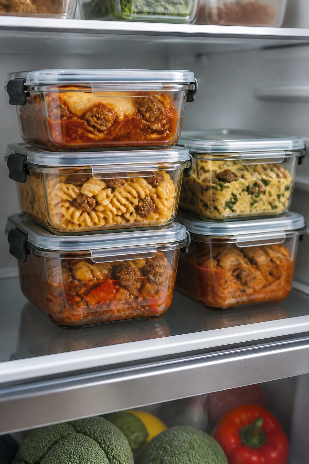 Stacked glass meal-prep containers with sausage meals in a fridge