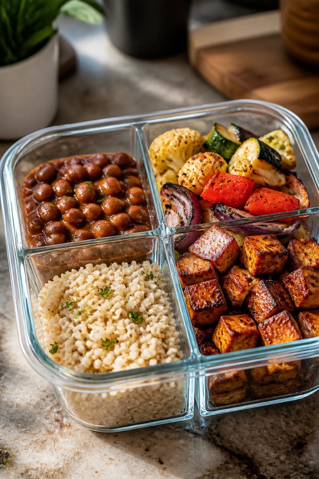 Glass meal-prep container with beans, grains, and vegetables