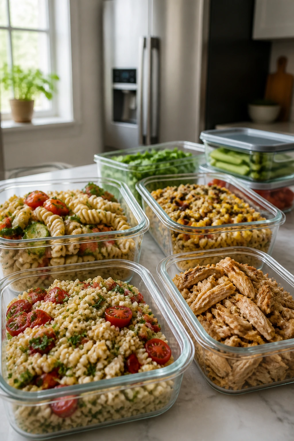 Glass meal-prep containers with grains, pasta salad, and pulled chicken on a kitchen counter