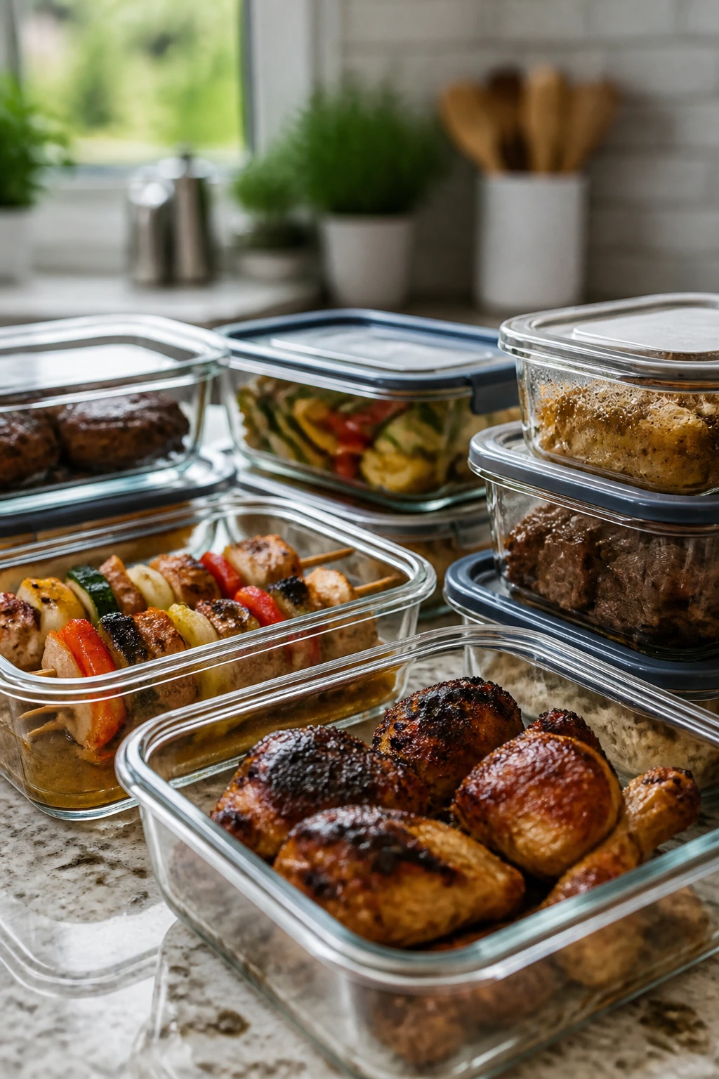 Glass containers with marinated meats ready for make-ahead prep