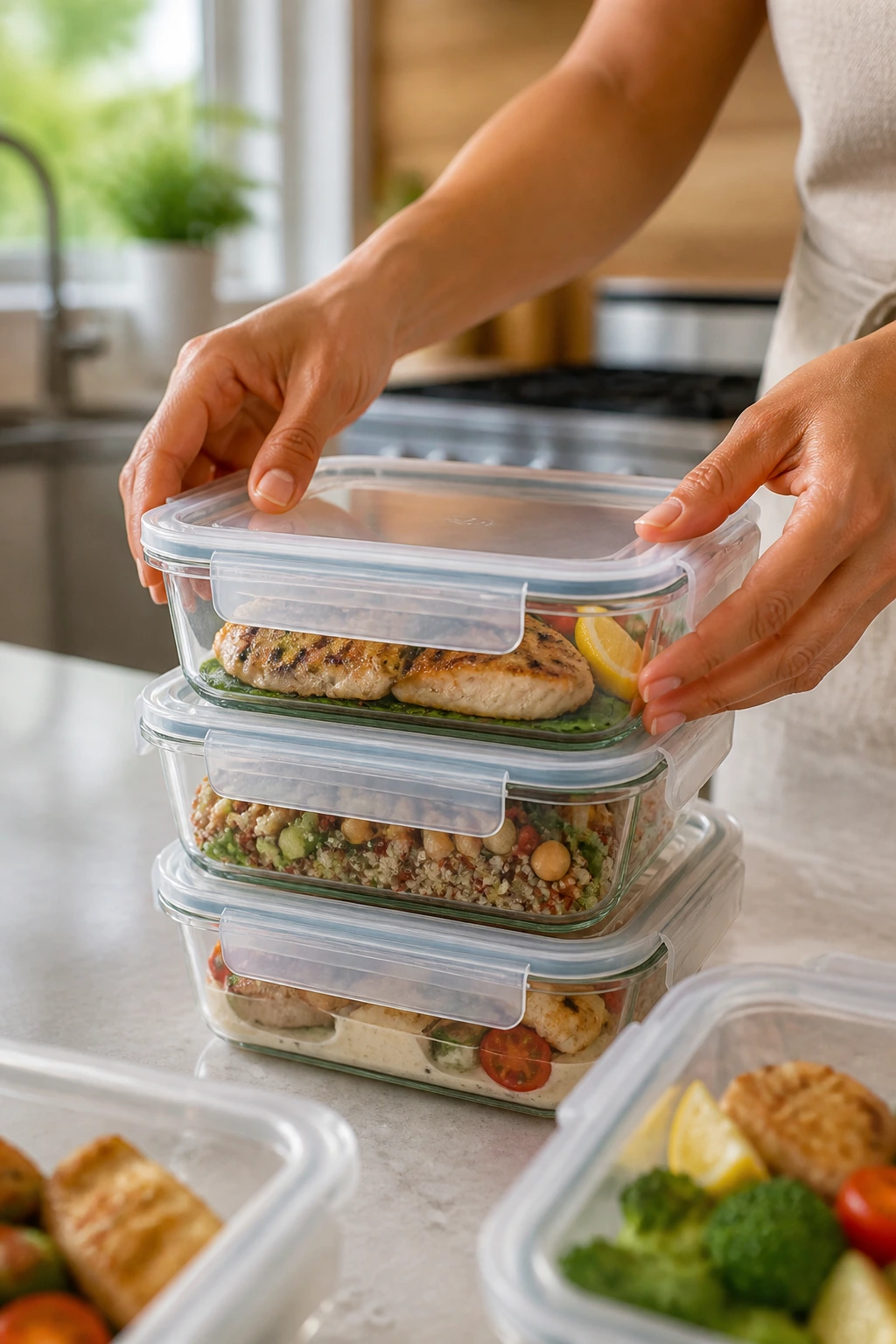 Close-up of hands stacking airtight meal-prep containers in a bright kitchen, illustrating make-ahead storage.