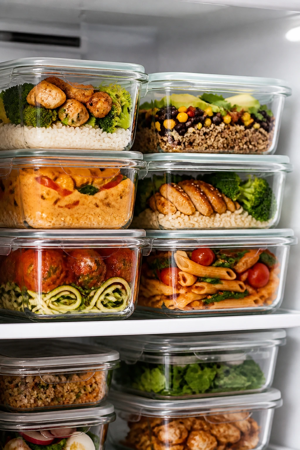 Lineup of glass meal-prep containers on a kitchen shelf ready for storage