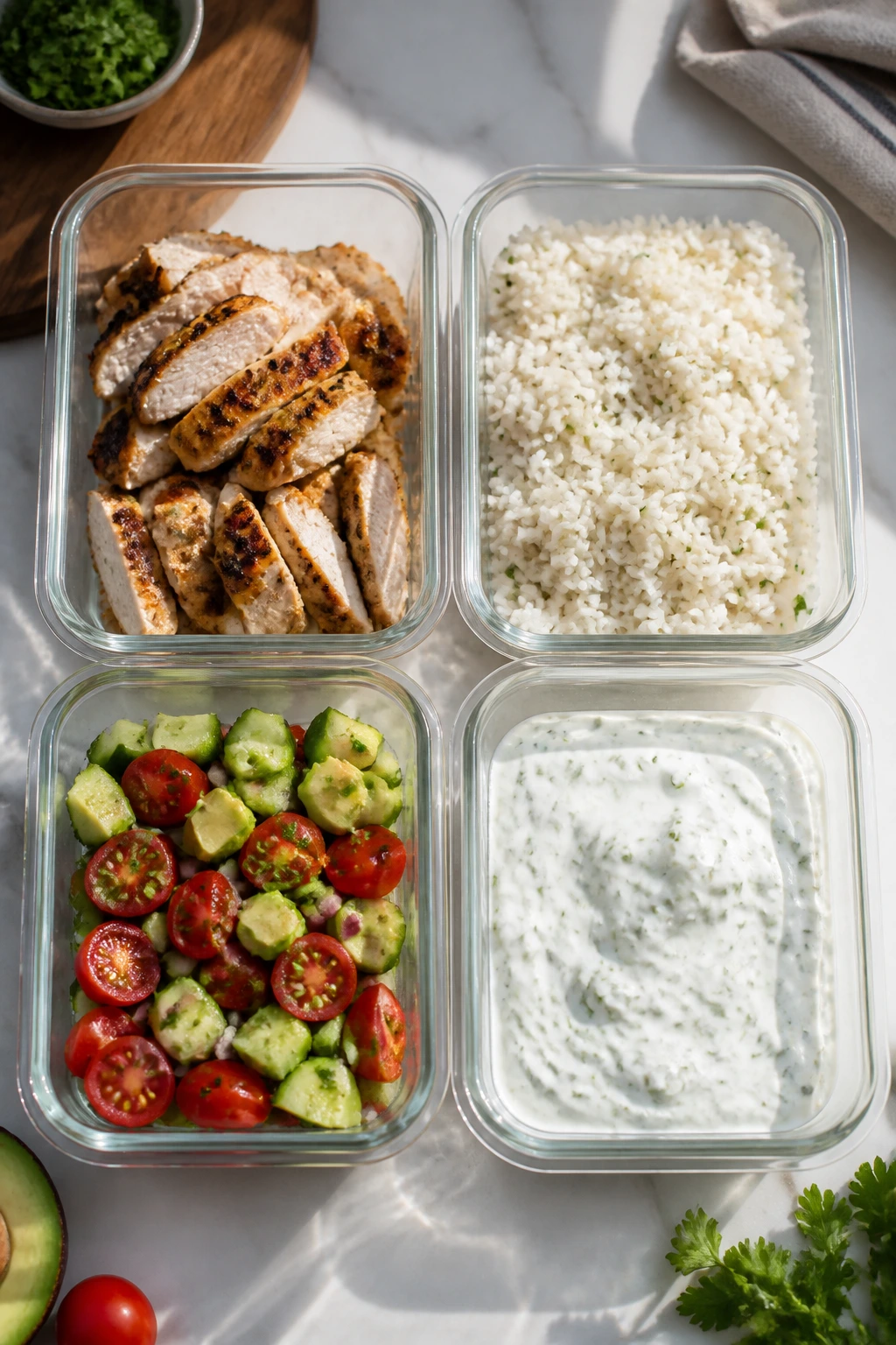 Top-down view of containers for make-ahead chicken bowls: chicken, rice, veggies, and sauce.
