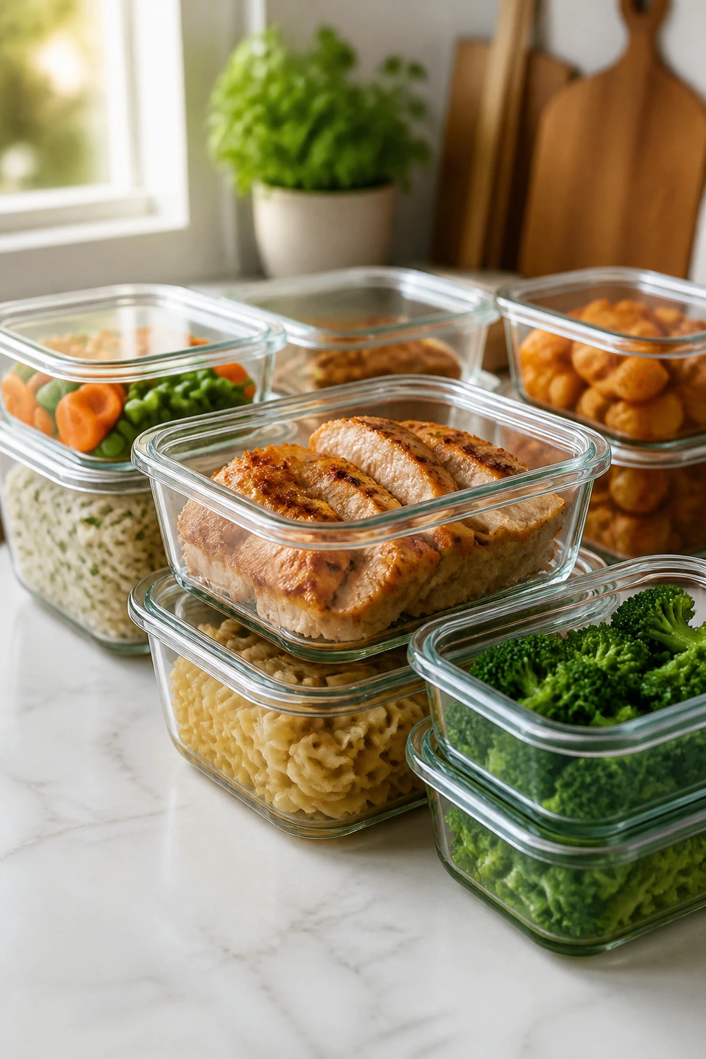 Clear glass meal prep containers on a kitchen counter