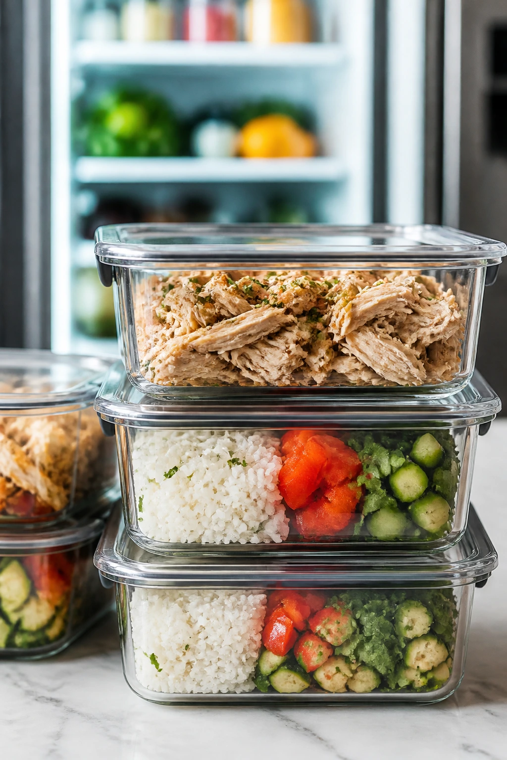 Glass meal-prep containers with prepared ingredients in a bright kitchen