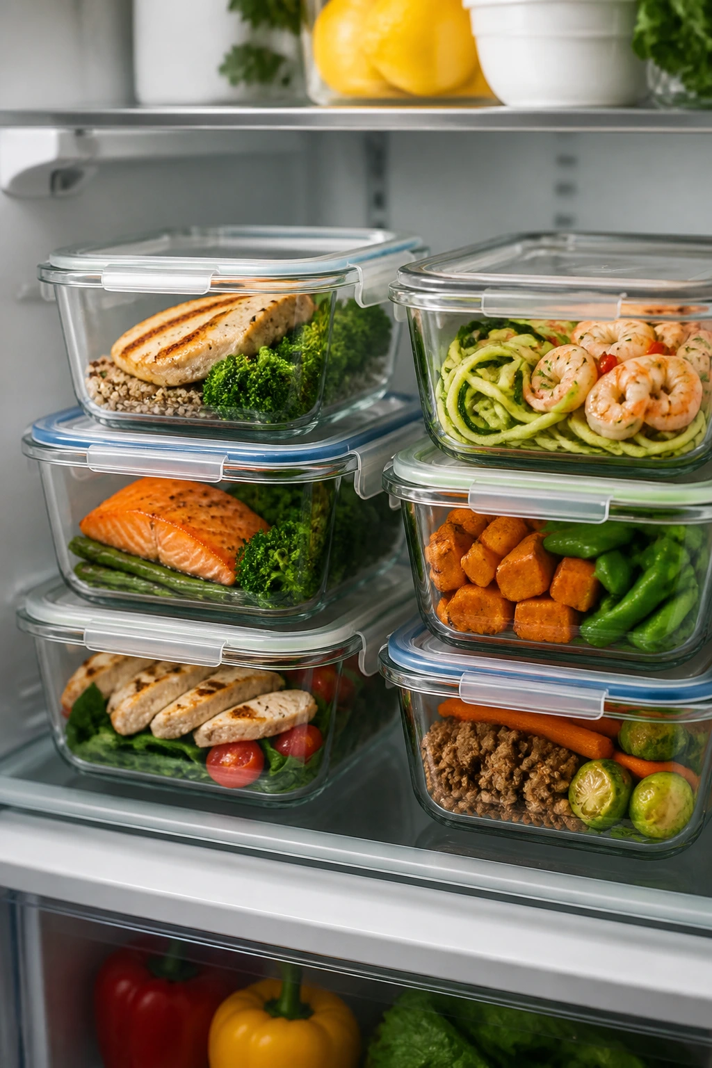 Glass meal-prep containers with colorful food inside a fridge