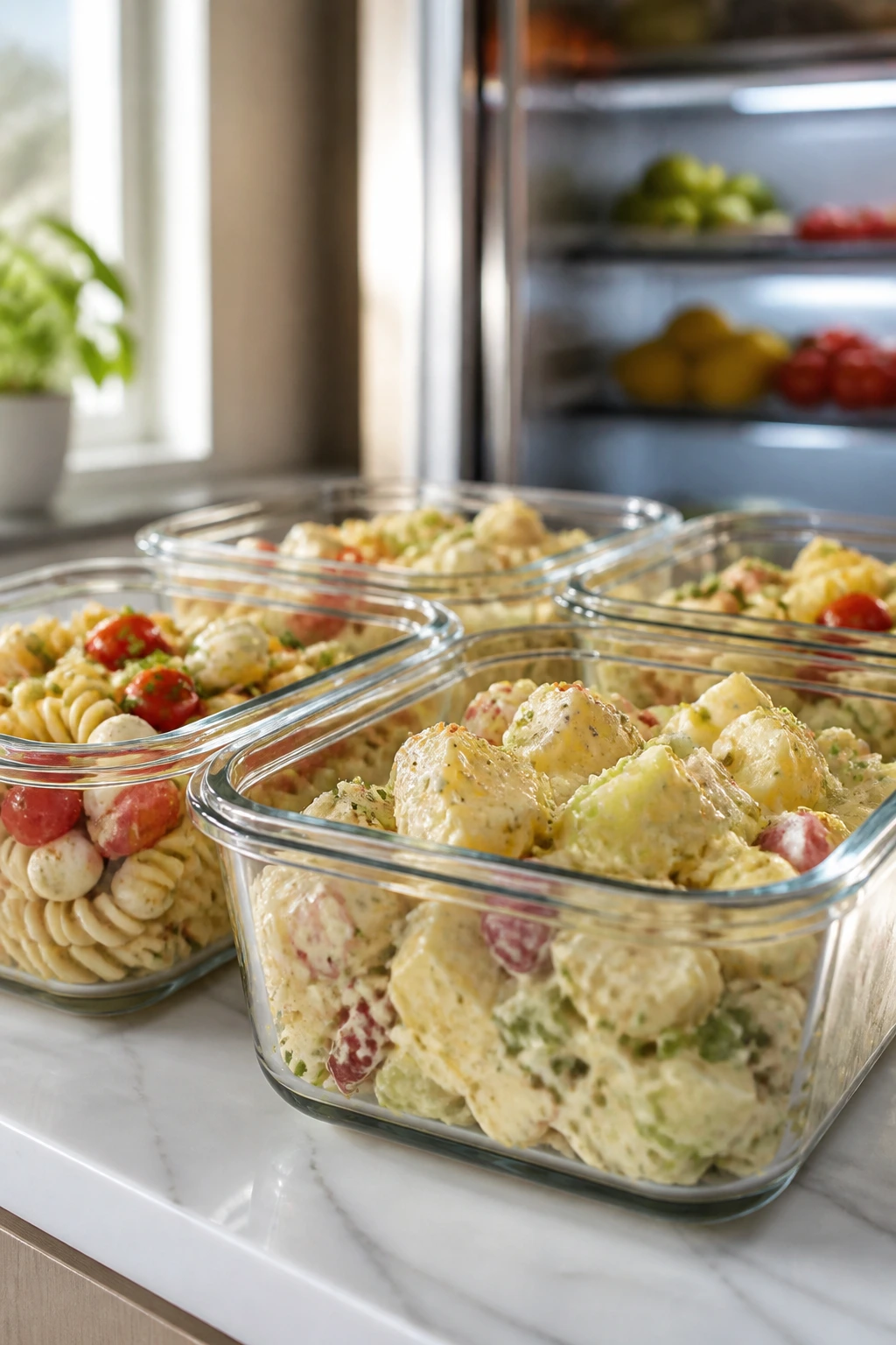 Close-up of glass meal-prep containers with cold salads on a kitchen counter