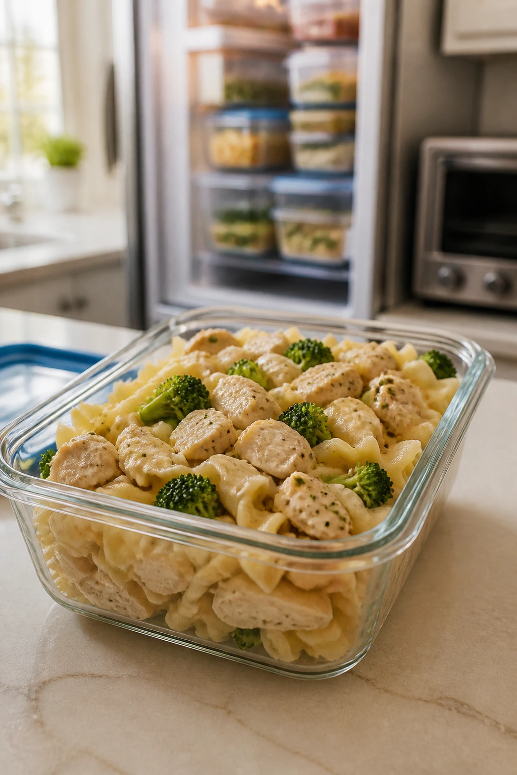 Close-up of a glass meal-prep container with pasta and chicken on a kitchen counter