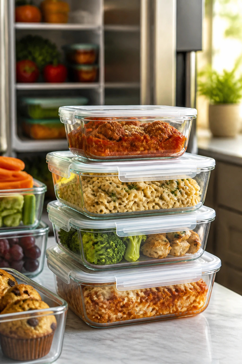 Close-up of glass meal-prep containers with leftovers on a kitchen counter