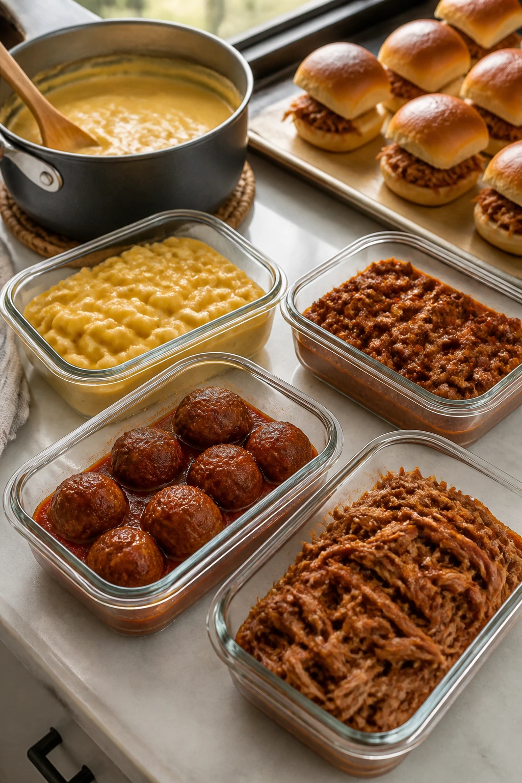 Close-up of organized meal-prep containers on a kitchen counter illustrating make-ahead storage and reheating.