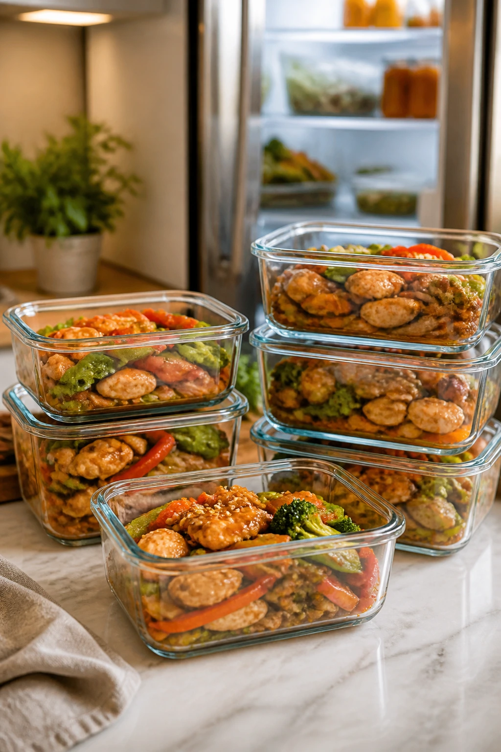 Glass meal-prep containers with stir-fry in a kitchen