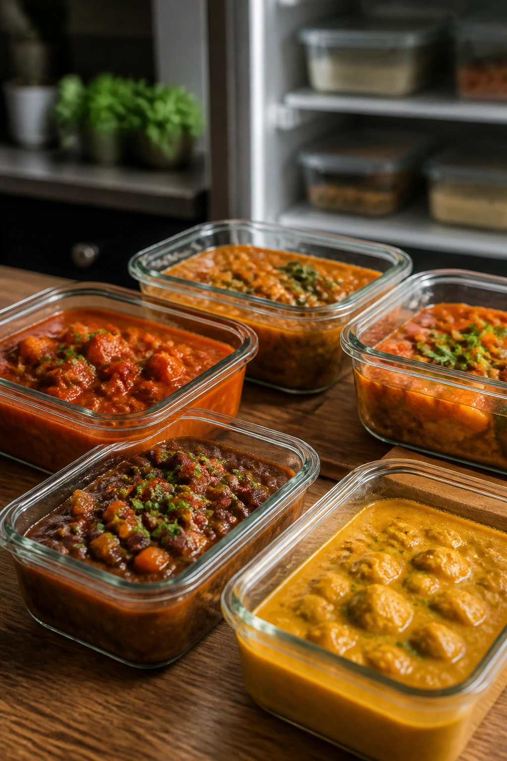 Close-up of glass meal-prep containers with soups, stews, and curry on a kitchen counter.