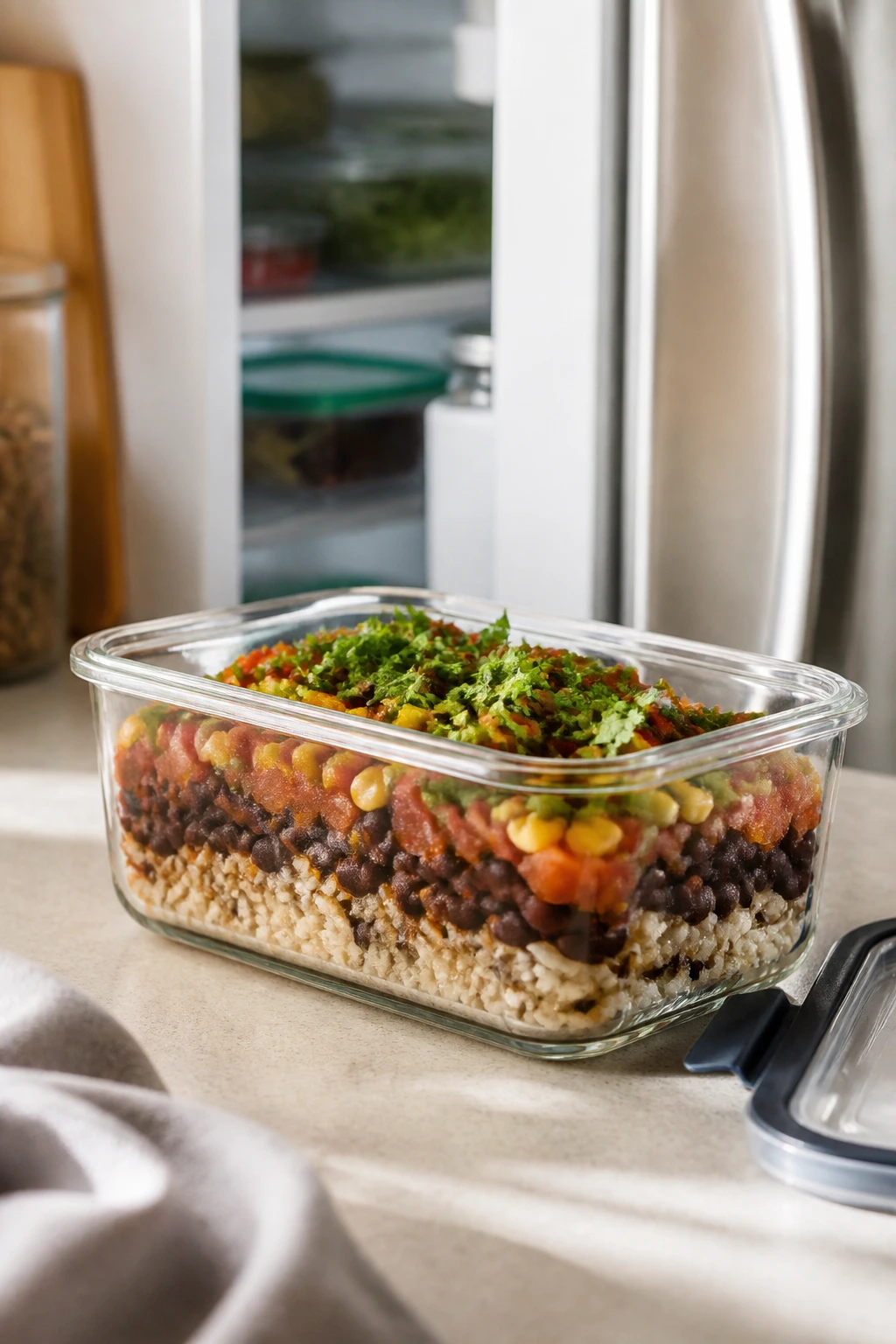 Glass meal prep container with layered beans and rice