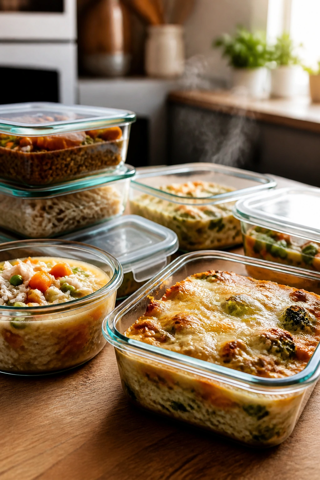 Glass meal-prep containers with soups and casseroles in a home kitchen