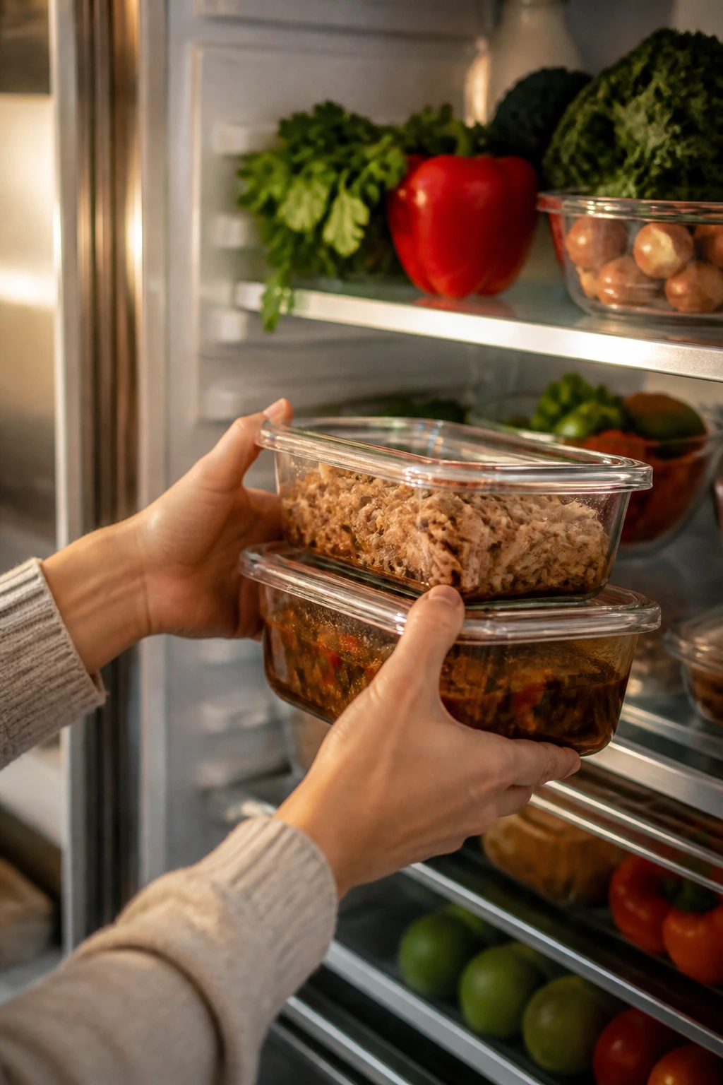 Close-up of hands loading glass meal-prep containers into an open fridge